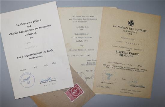 Three WWII German citations, and an envelope with Hitlers stamp